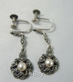 Vintage Art Deco Sterling Silver Marcasite Cultured Pearl Earrings Germany
