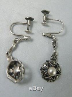 Vintage Art Deco Sterling Silver Marcasite Cultured Pearl Earrings Germany