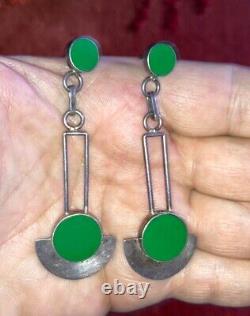 Vintage Art Deco Sterling Silver Turquoise Half Circle Drop Earrings Modernist