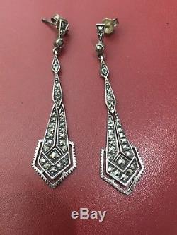 Vintage Art Deco Style Sterling Marcasite Drop Earrings Immaculate