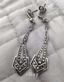 Vintage Art Deco Style Sterling Marcasite Drop Earrings Immaculate
