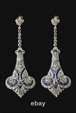 Vintage Art Deco Victorian Style 4.85Ct Diamond & Sapphire Drop Dangle Earring