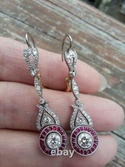 Vintage Art Deco White CZ & Ruby Halo Dangle Earrings Solid 925 Sterling Silver