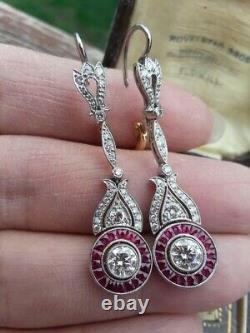 Vintage Art Deco White CZ & Ruby Halo Dangle Earrings Solid 925 Sterling Silver