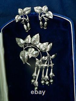 Vintage Art Nouveau Fuchsia G. Cini Sterling Dangle Brooch Pin & Earring Set