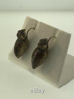 Vintage Art Nouveau Sterling Silver Brown Enamel Cloisonne Bird Quail Earrings