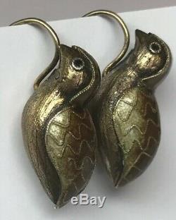 Vintage Art Nouveau Sterling Silver Brown Enamel Cloisonne Bird Quail Earrings