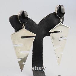 Vintage Artisan Handmade Oversize 80's Geometric Onyx Earrings Sterling Silver