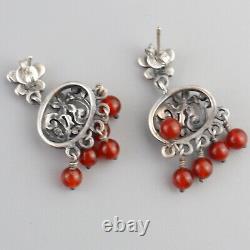Vintage Artisan Ornate Carnelian Sterling Silver Butterfly Earrings