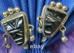 Vintage Aztec carved Black Onyx 1 0.925 STERLING SILVER screw back Earrings