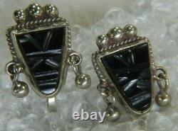 Vintage Aztec carved Black Onyx 1 0.925 STERLING SILVER screw back Earrings