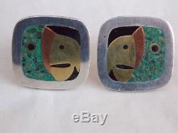 Vintage BETO Mexican Sterling Silver Brass Copper Stone PARROT CUFFLINKS Taxco