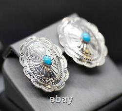 Vintage B F Zuni Turquoise Sterling Silver Bold Concho Earrings