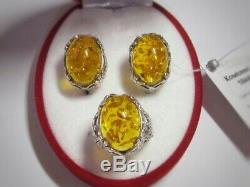Vintage Beautiful Set EARRINGS Ring BALTIC AMBER Size 8 Sterling Silver 925