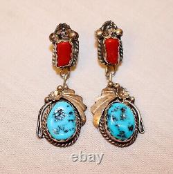 Vintage Beautiful Southwest Turquoise & Coral Sterling Silver Earring Set by JM