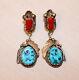 Vintage Beautiful Southwest Turquoise & Coral Sterling Silver Earring Set By Jm