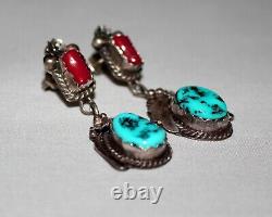 Vintage Beautiful Southwest Turquoise & Coral Sterling Silver Earring Set by JM