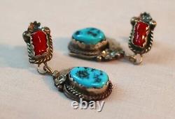 Vintage Beautiful Southwest Turquoise & Coral Sterling Silver Earring Set by JM