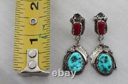 Vintage Beautiful Southwest Turquoise & Coral Sterling Silver Earring Set by JM