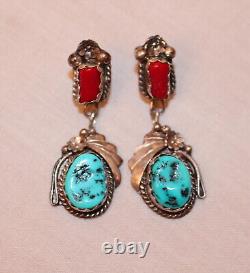 Vintage Beautiful Southwest Turquoise & Coral Sterling Silver Earring Set by JM