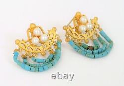 Vintage Beautiful Sterling Silver Gold Tone Turquoise Pearl Dangle Earrings