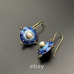 Vintage Blue Enamel Sterling Silver Pearl Earrings