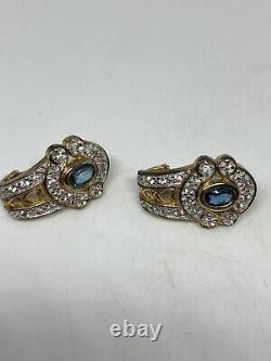 Vintage Blue Fluorite White Sapphire Earrings Gold 925 Sterling Silver Deco