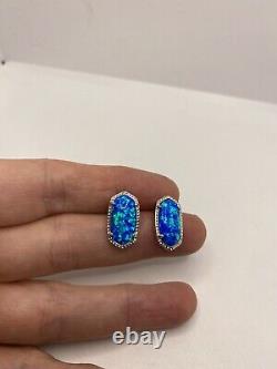 Vintage Blue Opal Stud Earrings 925 Sterling Silver Post