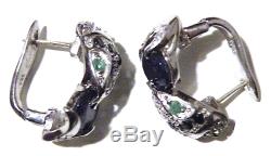 Vintage Blue Sapphire Sterling Silver Pave Snake Earrings Green Emerald 925 post