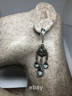 Vintage Blue Topaz Diamond Earrings 925 Sterling Silver Chandelier Shoulder Dust