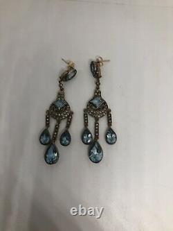 Vintage Blue Topaz Diamond Earrings 925 Sterling Silver Chandelier Shoulder Dust