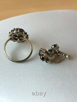 Vintage Bohemian Garnet Cluster Ring & Earrings Sterling Silver Lot Of 2 Pieces