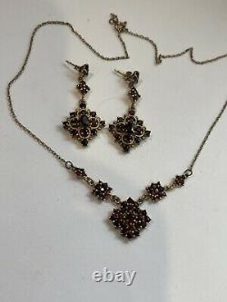 Vintage Bohemian Garnet Victorian Sterling Silver Necklace Dangling Earrings