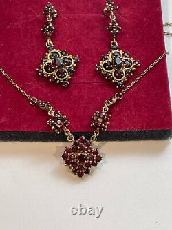 Vintage Bohemian Garnet Victorian Sterling Silver Necklace Dangling Earrings
