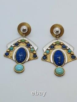Vintage Brass & Sterling Silver Blue Lapis Chunky Dangle Earrings