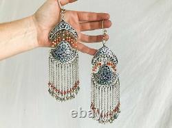 Vintage Bukhara Enamel Sterling Silver Earrings. Museum Quality