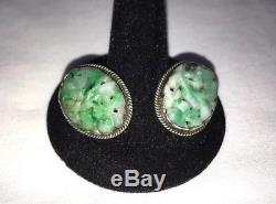 Vintage CHINESE Carved Apple Green Jade JADEITE Sterling Silver Clip On Earrings