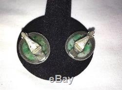 Vintage CHINESE Carved Apple Green Jade JADEITE Sterling Silver Clip On Earrings