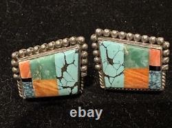 Vintage CRJ Earrings Yellow Horse Sterling Silver, Onyx, Turquoise Navajo