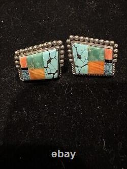 Vintage CRJ Earrings Yellow Horse Sterling Silver, Onyx, Turquoise Navajo
