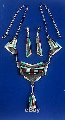 Vintage Calabaza Ronnie Zuni Sterling Turquoise Coral Inlay Necklace Earrings