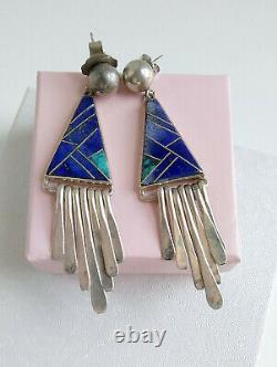 Vintage Calvin Begay Sterling Silver Navajo Inlay Stone Dangle Pierced Earrings