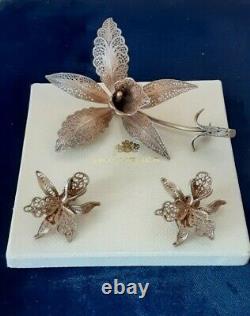 Vintage Carl Bucherer 800 sterling silver gold filigree brooch and earrings set