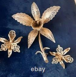 Vintage Carl Bucherer 800 sterling silver gold filigree brooch and earrings set