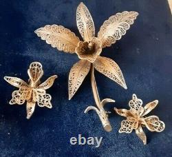 Vintage Carl Bucherer 800 sterling silver gold filigree brooch and earrings set