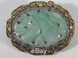 Vintage Carved Jade Filigree Sterling Silver Gold Wash Brooch PIN Earrings SET