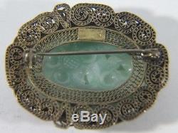 Vintage Carved Jade Filigree Sterling Silver Gold Wash Brooch PIN Earrings SET