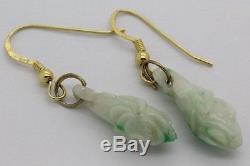 Vintage Chinese Carved Green Jade Dangle Drop Earrings, Gold Wash Sterling Hooks