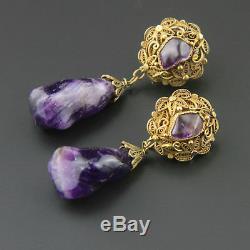 Vintage Chinese Export Amethyst Earrings Gold Wash Vermeil Sterling Silve Enamel