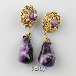 Vintage Chinese Export Amethyst Earrings Gold Wash Vermeil Sterling Silve Enamel